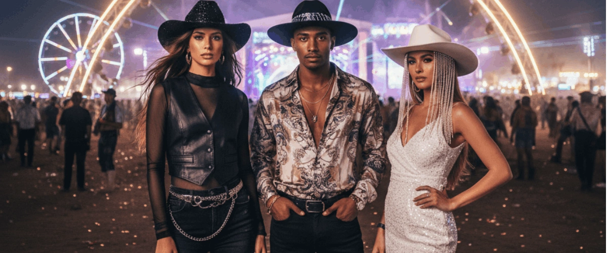 Man wearing a disco cowboy hat styled with denim and boots at a festival
