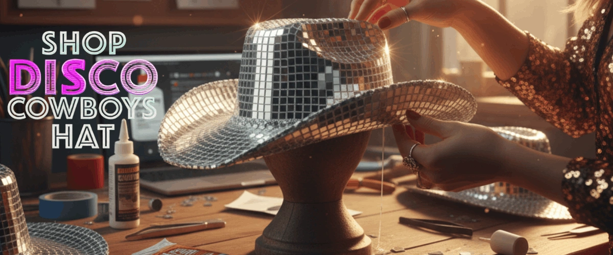 Silver disco cowboy hat with mirror tiles securely attached