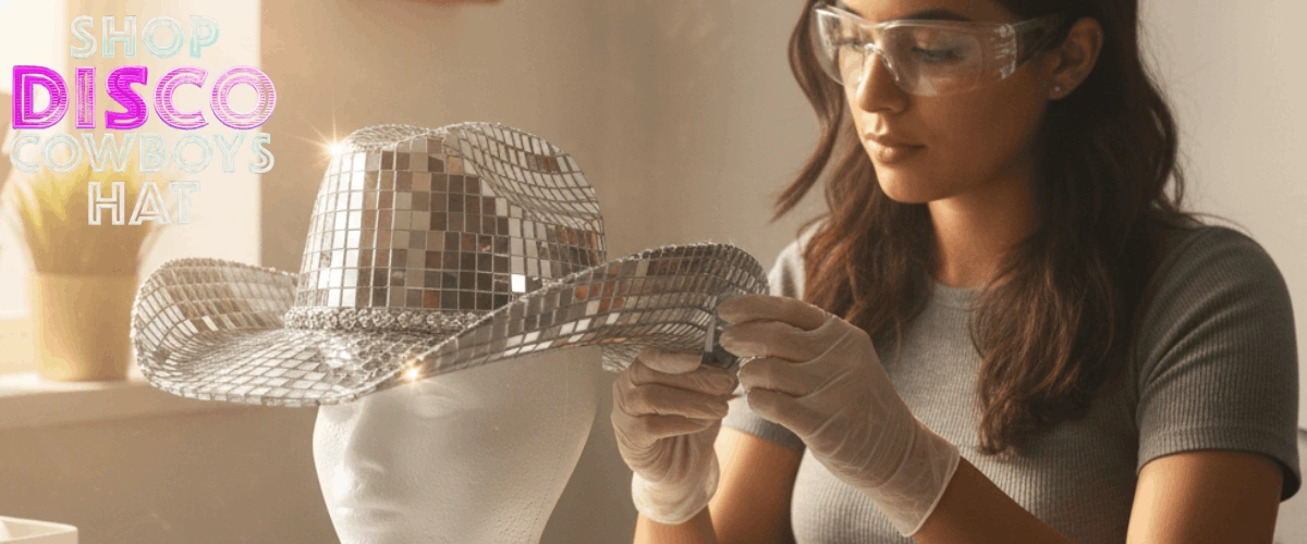 Craftsman safely adjusting a disco cowboy hat during customization